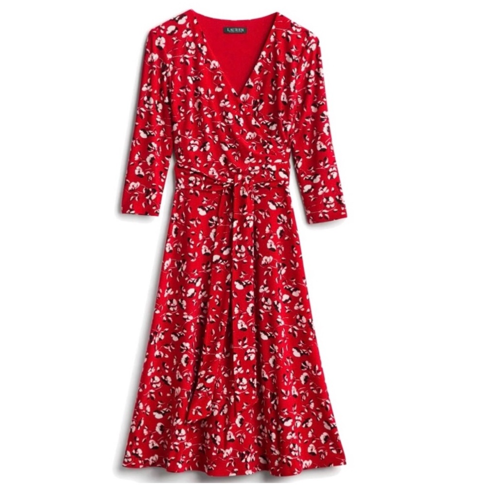 Lauren Ralph Lauren Red Floral Faux Wrap Jersey Dress Size 12